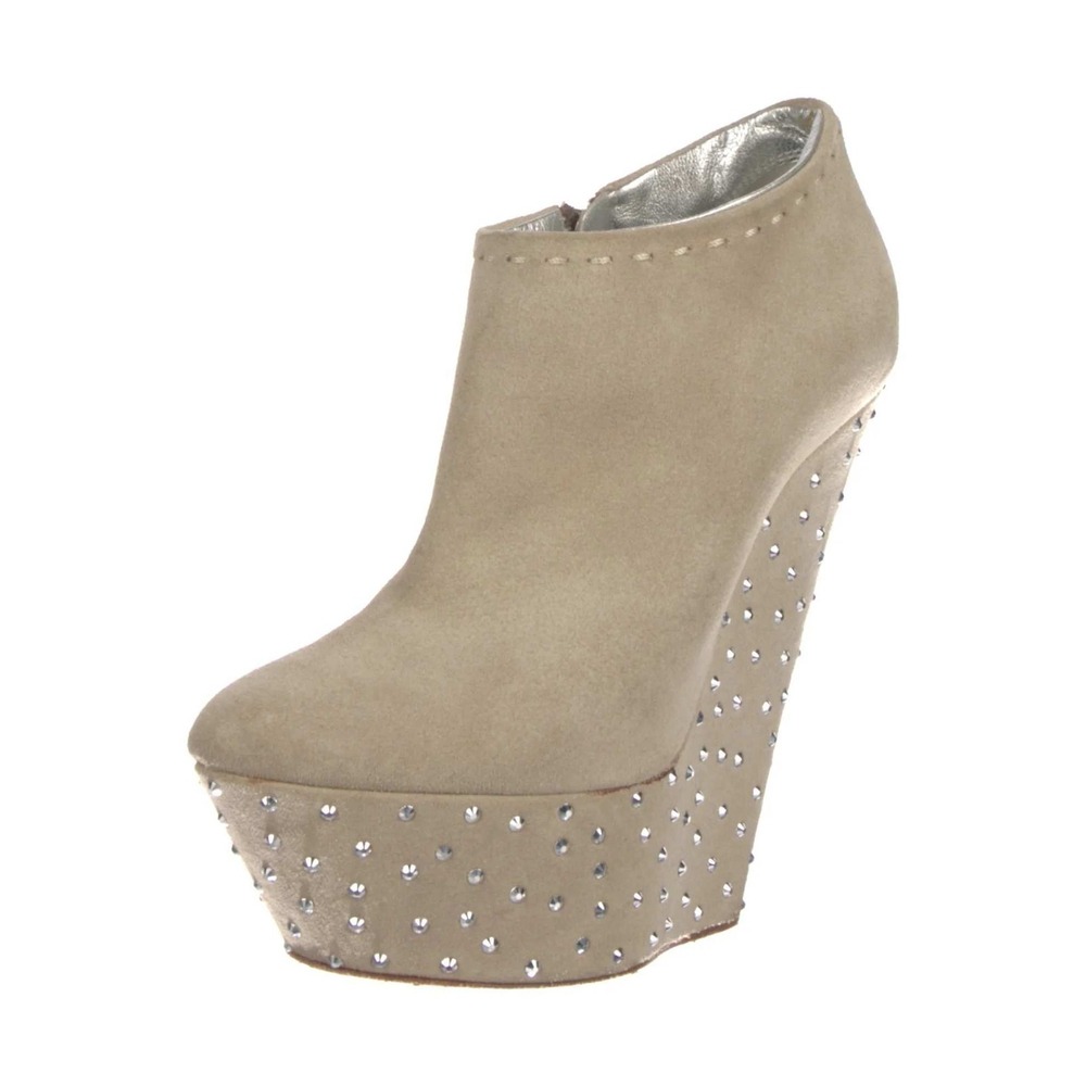 $975 Giuseppe Zanotti Wedge Booties 37.5 Tan Suede Good Crystal Studded Platform